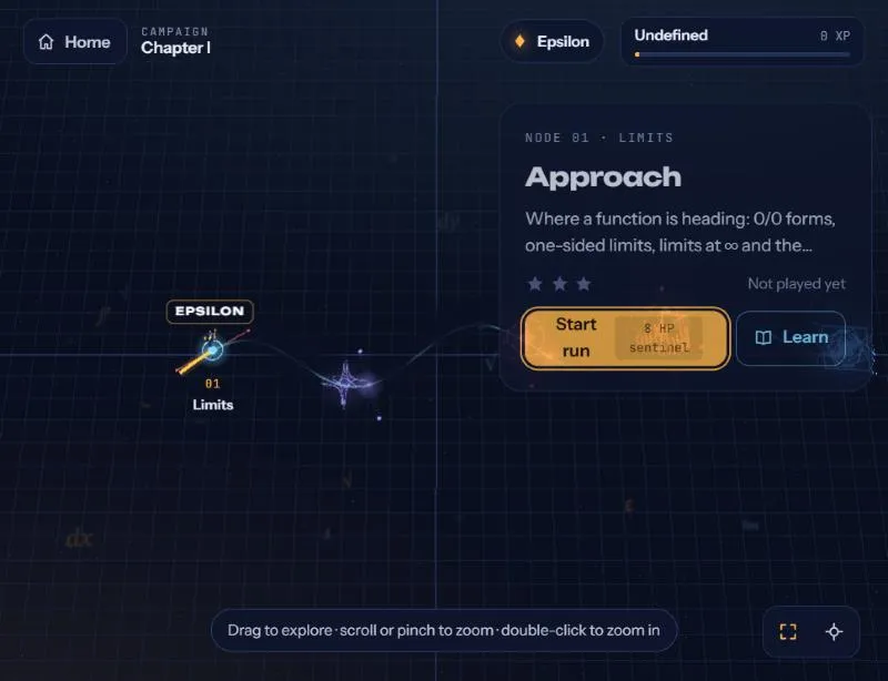 Campaign map where each node is a Calculus 1 skill guarded by a sentinel
