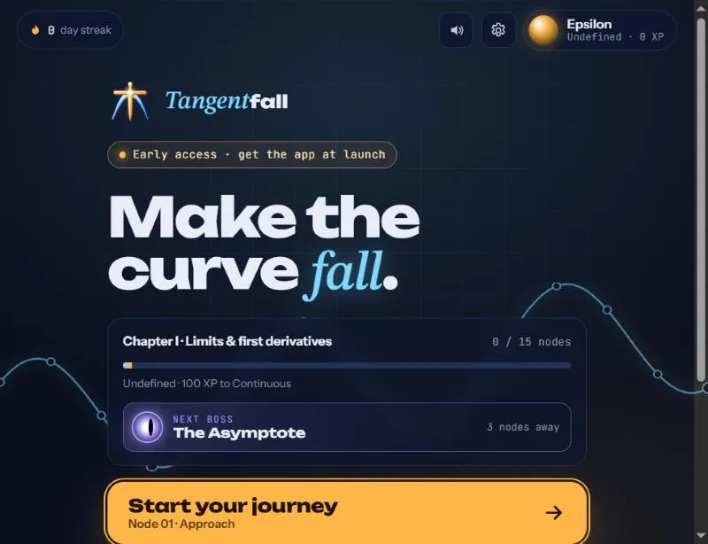 Tangentfall home screen showing Chapter I progress and the next boss, The Asymptote
