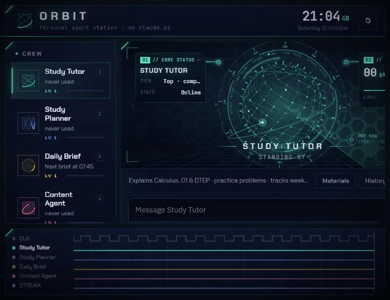 ORBIT dashboard with its crew of four AI agents, the reactor display and the signal timeline